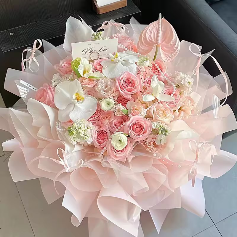 【세계의 보물】핑크 로즈 호접란 믹스 부케