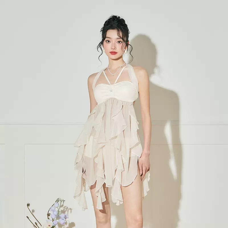 高档涤纶少女甜美分体泳衣女泡温泉裙式显瘦遮肉不规则裙摆批发源
