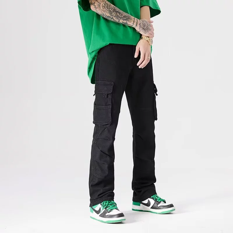 Весенние и осенние американские ретро черные комбинезоны для мужчин с несколькими карманами эластичный стройный с высокими длинными брюками