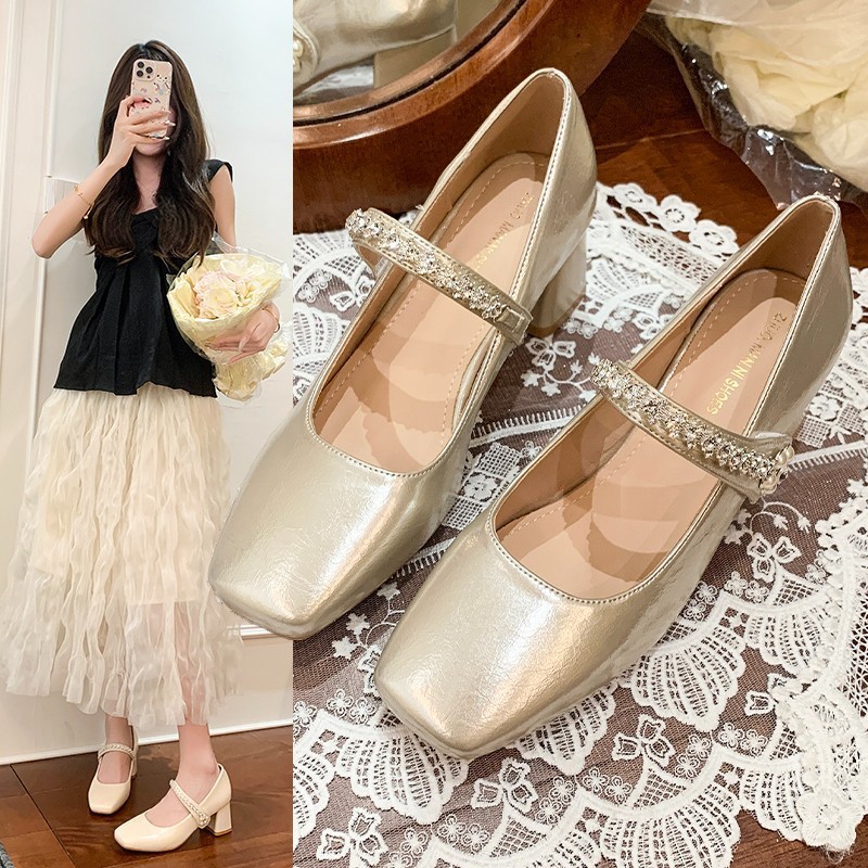 真皮法式夏季2025女鞋新款浅口晚风玛丽珍单鞋一字裙子粗跟单鞋女|undefined