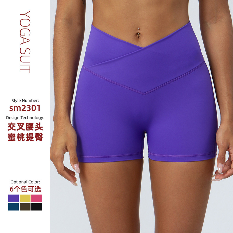 Peach Hip Lifting European and American Yoga Shorts Elastic High Waist Running Fitness Shorts Cross Waist Tight Peach Hip Shorts