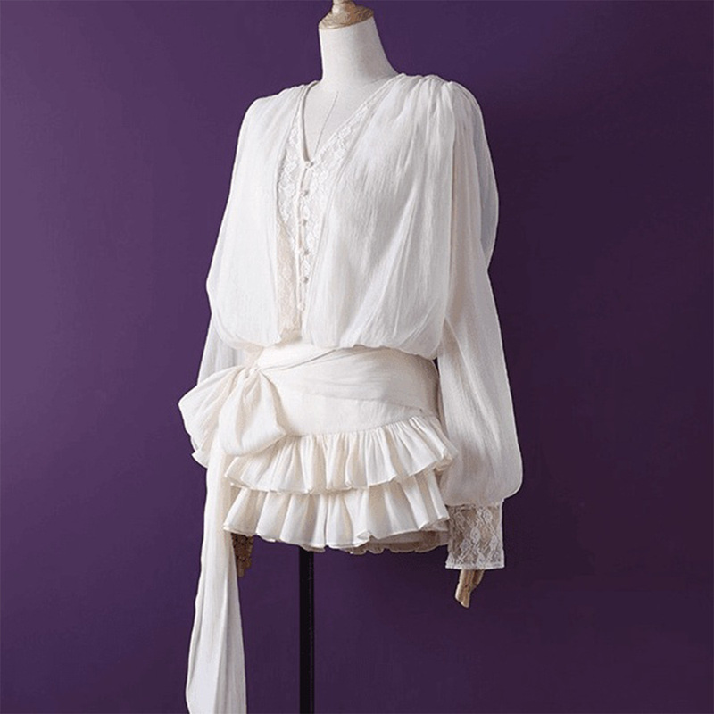 French-Style Girly Lantern-Sleeve Lace Bow Shirt Dress, Spring Design, Waist-Cinching Tiered Short Dress French-Style Girly Lantern-Sleeve Lace Bow Shirt Dress, Spring Design, Waist-Cinching Tiered Short Dress