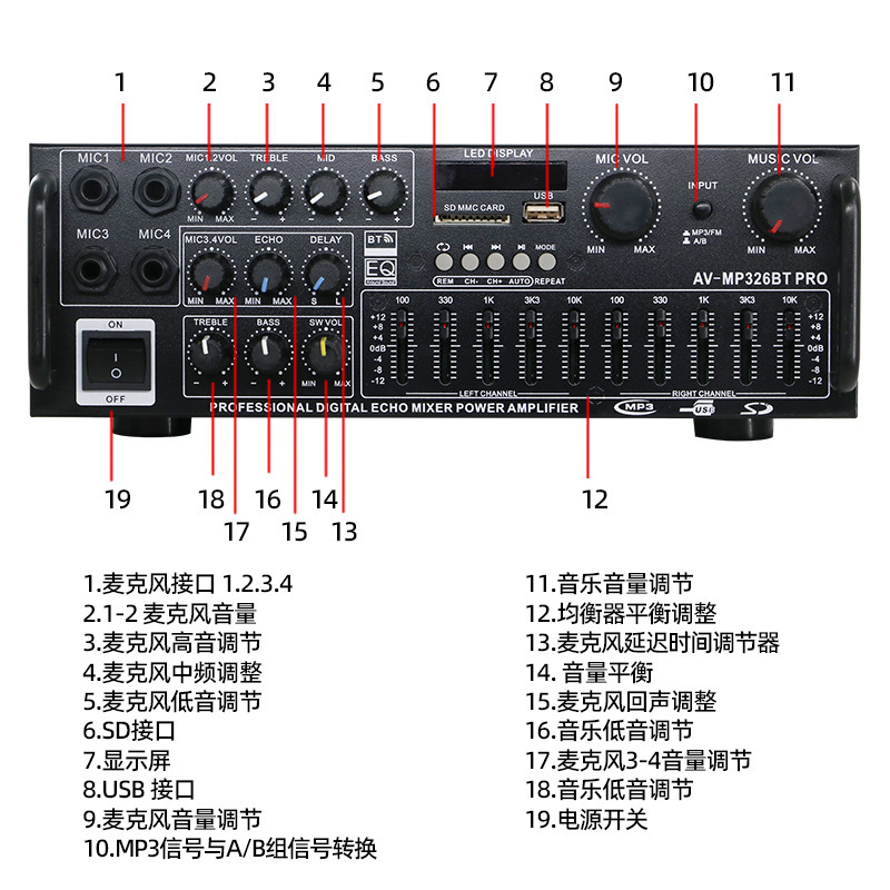 AV-MP326BT PRO 大功率带超重低音2.1声道蓝牙带均衡调节功放机|undefined