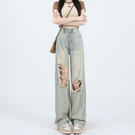 美式高街乞丐破洞牛仔裤女夏季薄款宽松高腰直筒长裤阔腿拖地裤子