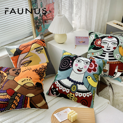 Popular cross-border abstract art oil painting face embroidery cross stitch cushion living room exhibition hall woolen embroidery pillow