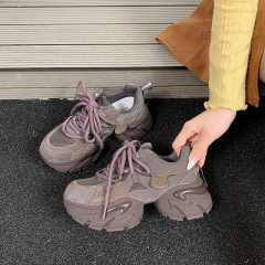 水钻真皮老爹鞋女小个子厚底新款秋季时尚轻便松糕休闲运动鞋子