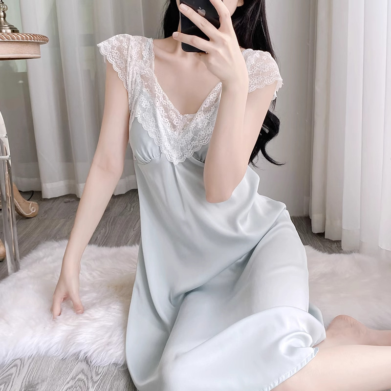 Women's Summer Ice Silk Long Dress Suspender Nightgown Pure Lust Sexy Lace French Dress with Breast Pads Spring & Fall Home Clothes