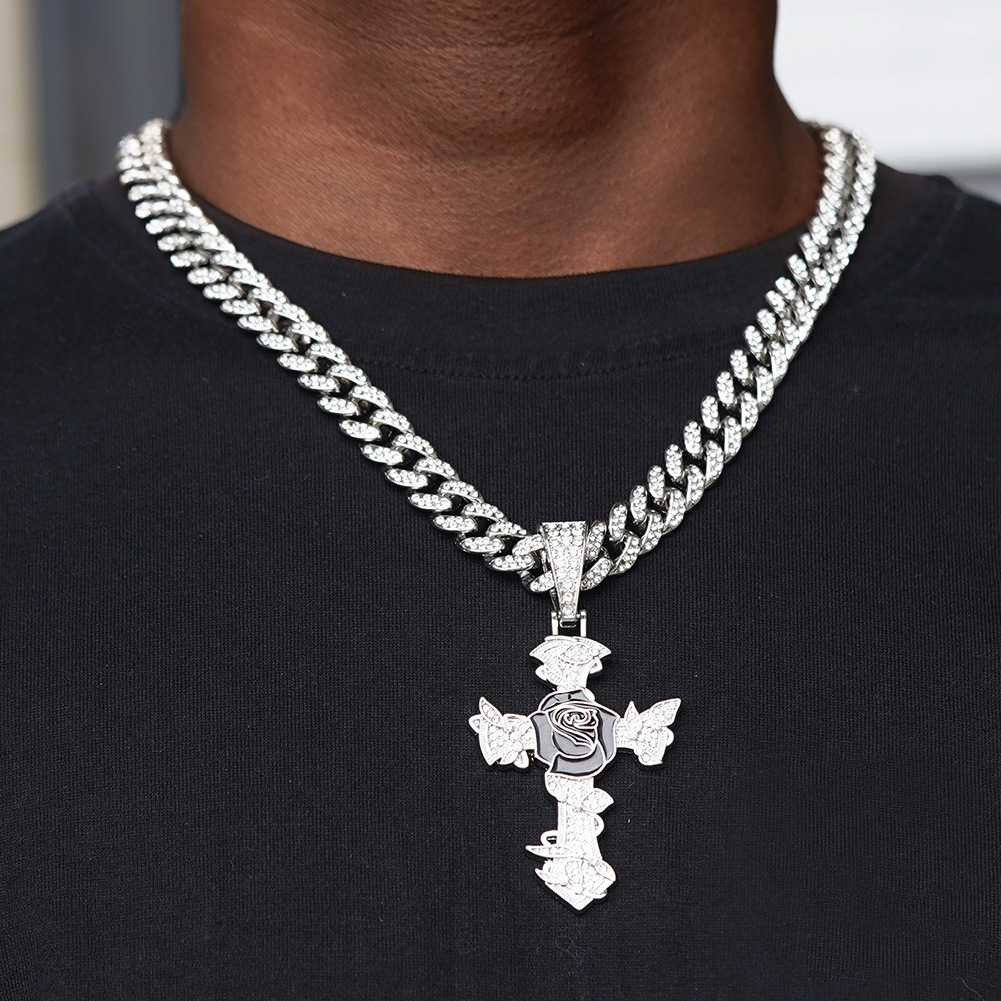 Cross-Border Hot-Selling Personality Hip-Hop Cross Black Rose Full Diamond Pendant Trendy Necklace Cuban Chain Men's_voghion.com