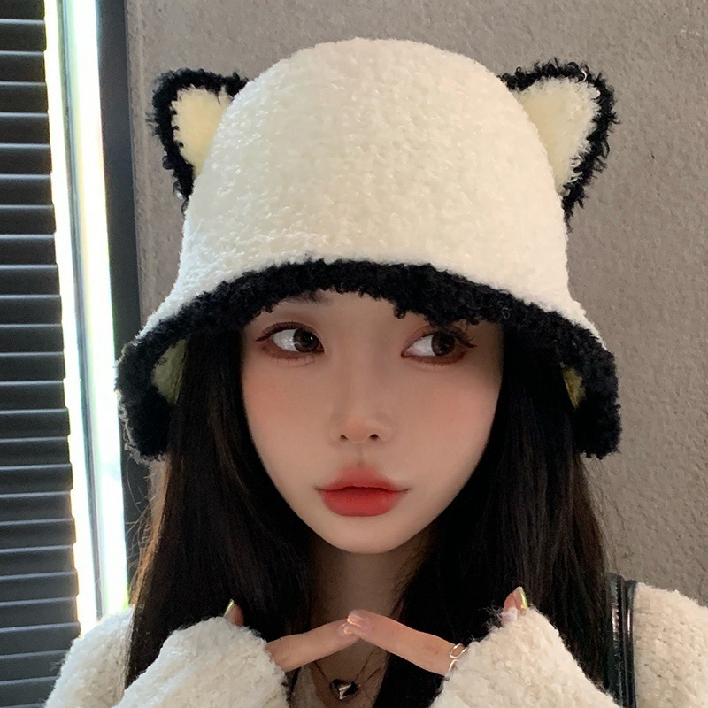 秋と冬の漁師の帽子女性の新しいインターネット有名人かわいい耳ニット盆地帽子韓国語版多用途ファッション顔見せ小さなバケツ帽子|undefined