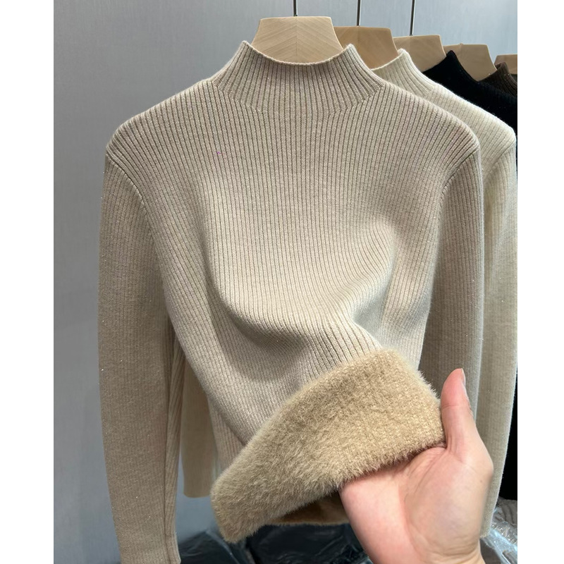 Women's half turtleneck sweater bottoming shirt autumn and winter new one-piece velvet inner wear warm fleece-lined thick thread knitted top