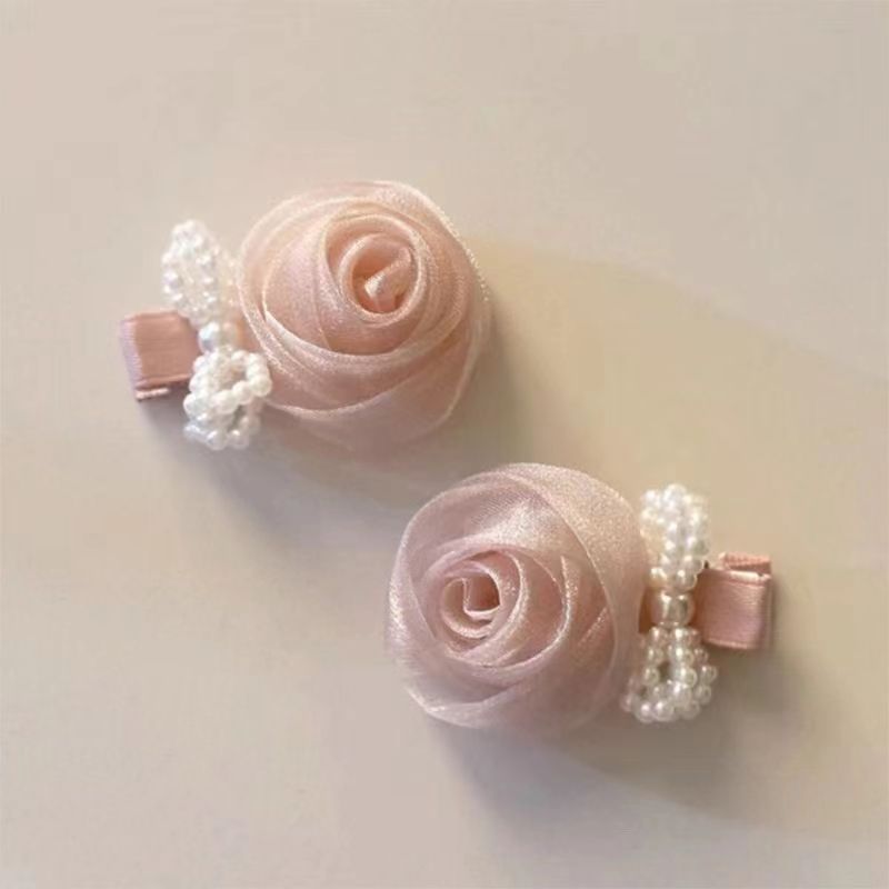 法式超仙粉色玫瑰花朵发夹刘海珍珠蝴蝶结发卡头饰少女发饰侧边