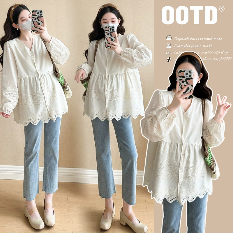 Весенняя одежда для беременных Корейская версия кружева с V-образным вырезом