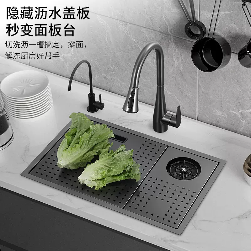 吧台水槽隐形手工单槽日式带盖中岛小号水盆不锈钢水池沥水架
