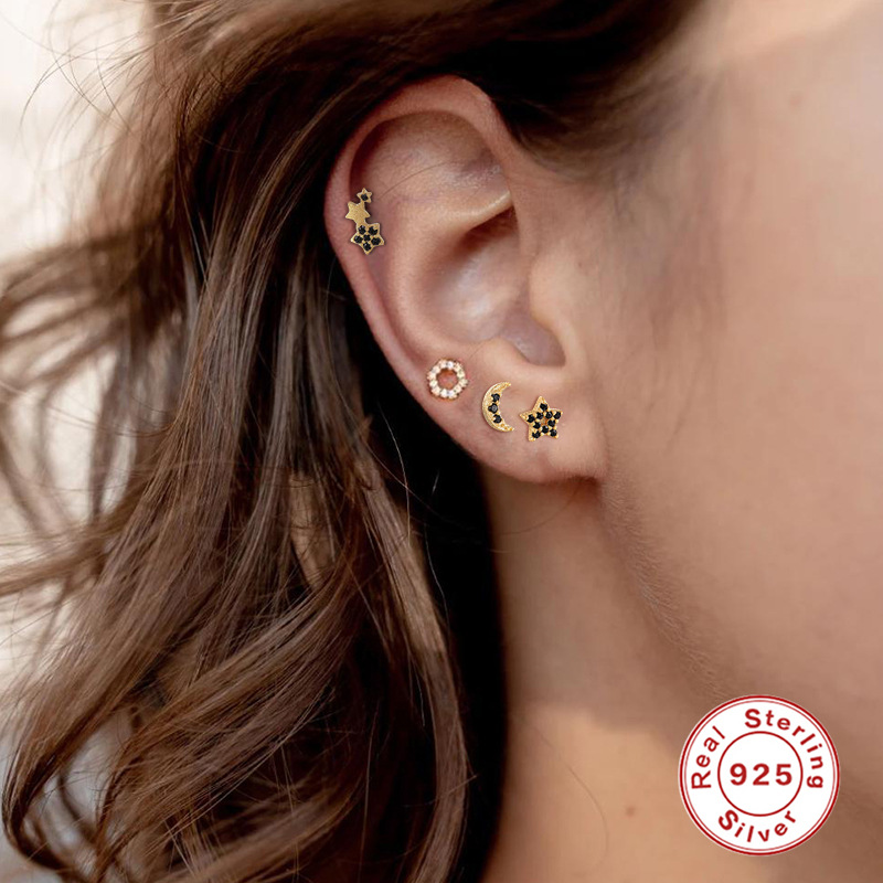 Fashion Star Moon Heart Shape Sterling Silver Inlay Ear Studs 1 Piece