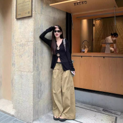 ファッションスーツレディースデザインVネックニット長袖Tシャツ初秋ハイウエストカジュアルワイドレッグパンツジーンズ2点セット