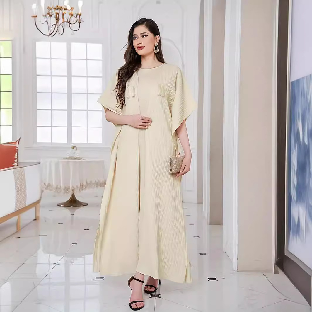 M272 # Women's Muslim Dress Bottom Tank Top Skirt+Bat Sleeve Loose Cardigan Robe Set_voghion.com