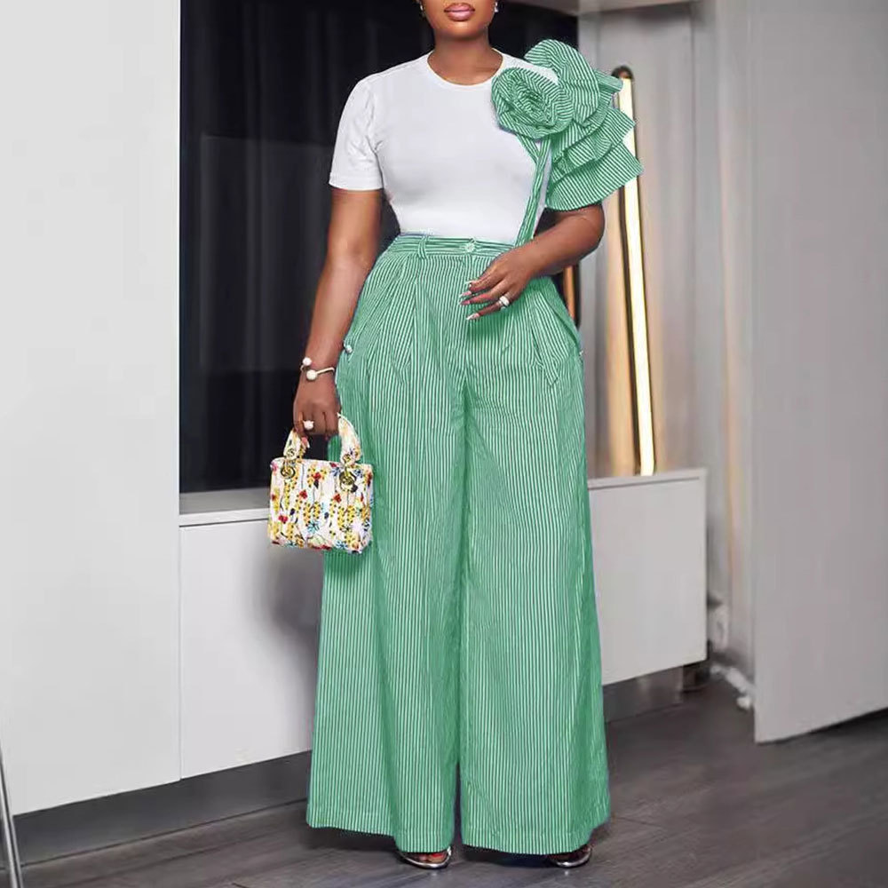 Round Neck Short Sleeve Striped Contrast Color Wide Leg Pants Two Piece Sets