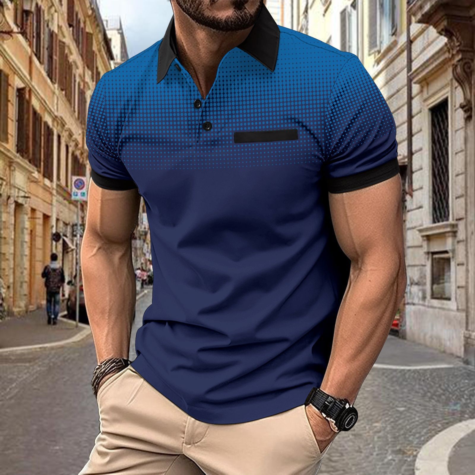Polo de hombre con estampado 3D para comercio transfronterizo 2025, camiseta polo sin mangas informal con patrón para hombre, estilo D de seda helada.