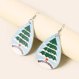 跨境新款欧美圣诞节日水滴耳环MerryChristmas字母圣诞树皮革吊坠
