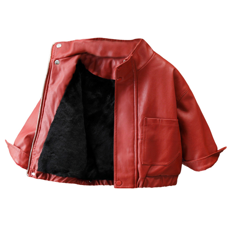 6675 Chaqueta de cuero rojo para niños 2025 Chaqueta de cuero con cuello alto festiva de invierno para niños más terciopelo image 6