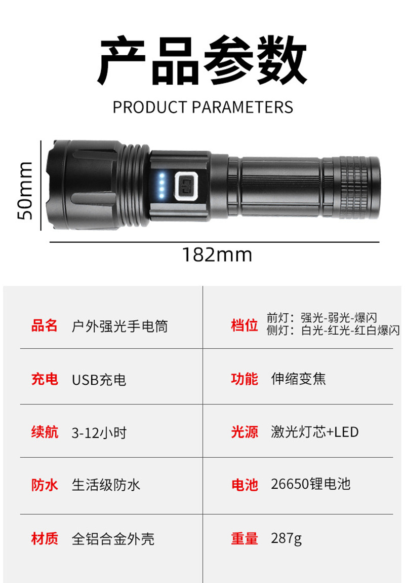 White Laser Flashlight with Dual Side Lights, White and Red Light, Logo Laser Printing, Aluminum Alloy Rechargeable Light, Zoom Floodlight