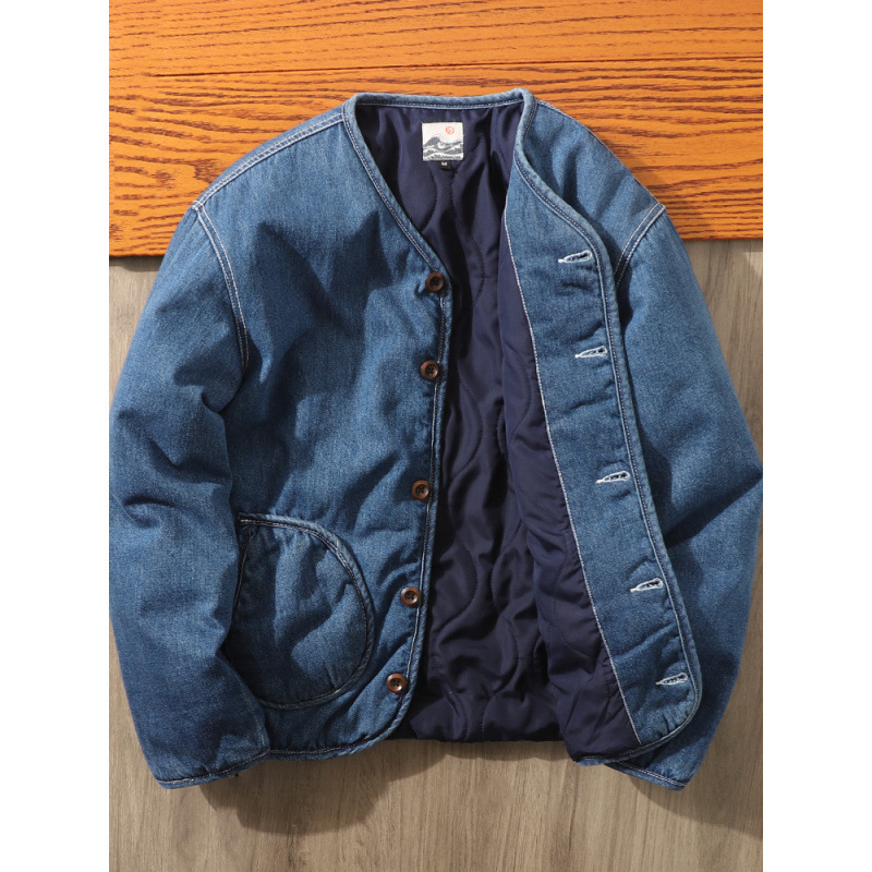 2025 Japanese-Style Niche Autumn and Winter Washed Denim Cotton Jacket for Men, Quilted Warm Lapel Collarless Cotton Coat