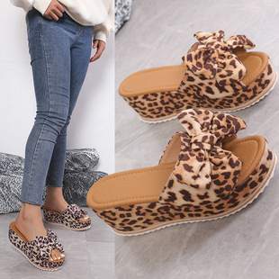 European and American Foreign trade plus size bow platform slippers women's cross-border leopard cloth surface one-line wedge sandals wish