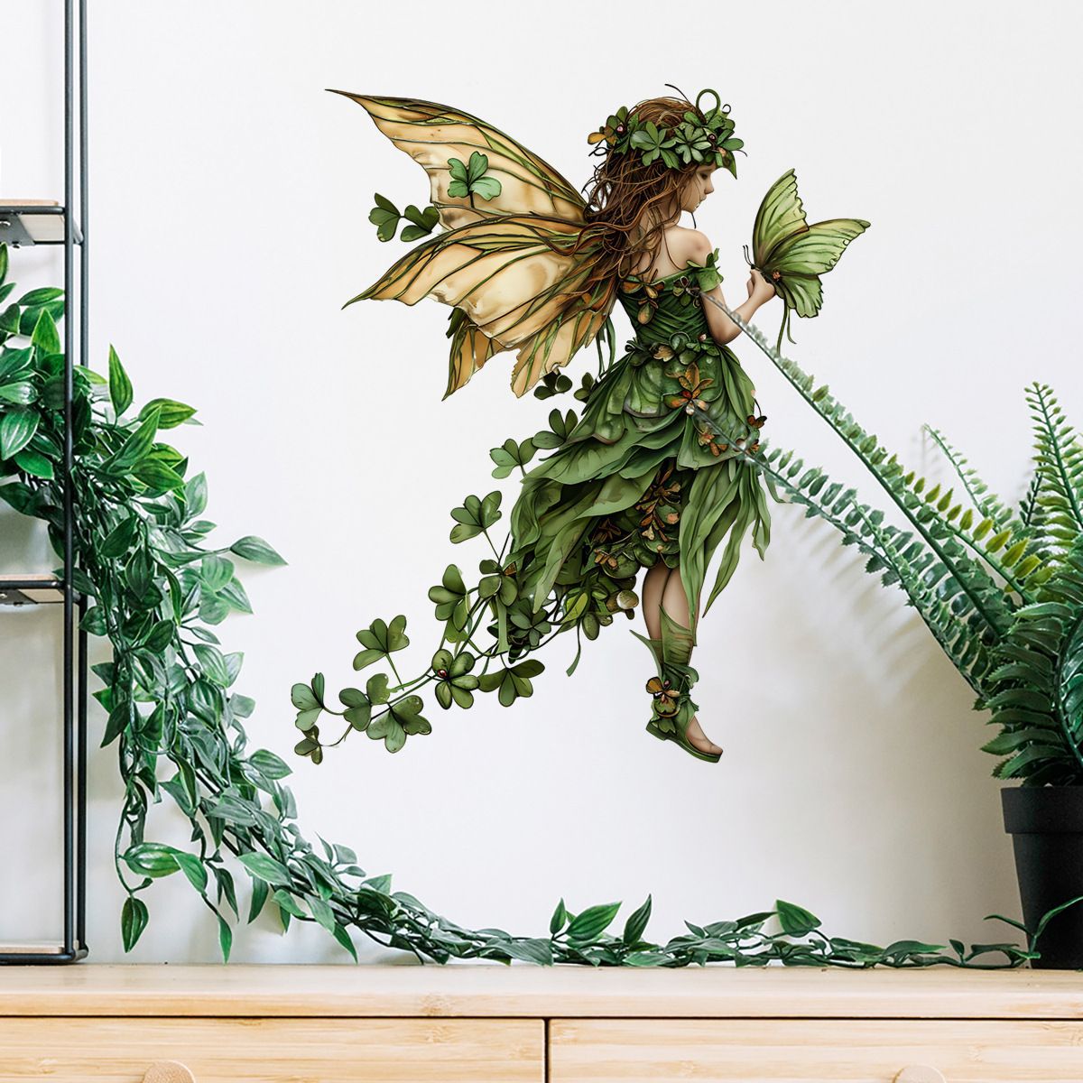 Wallpaper Genie Butterfly Sticker Living Room Children's Room Creative Decorative Sticker Removable Green Plant Fairy Wall Sticker