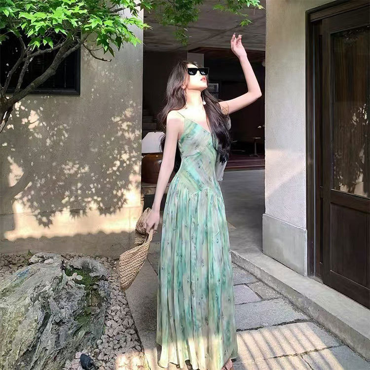 ICELOLY 夏ライムホリデースタイルグリーンサスペンダードレス女性の夏ユニークな美しいピンチウエストスカート|undefined