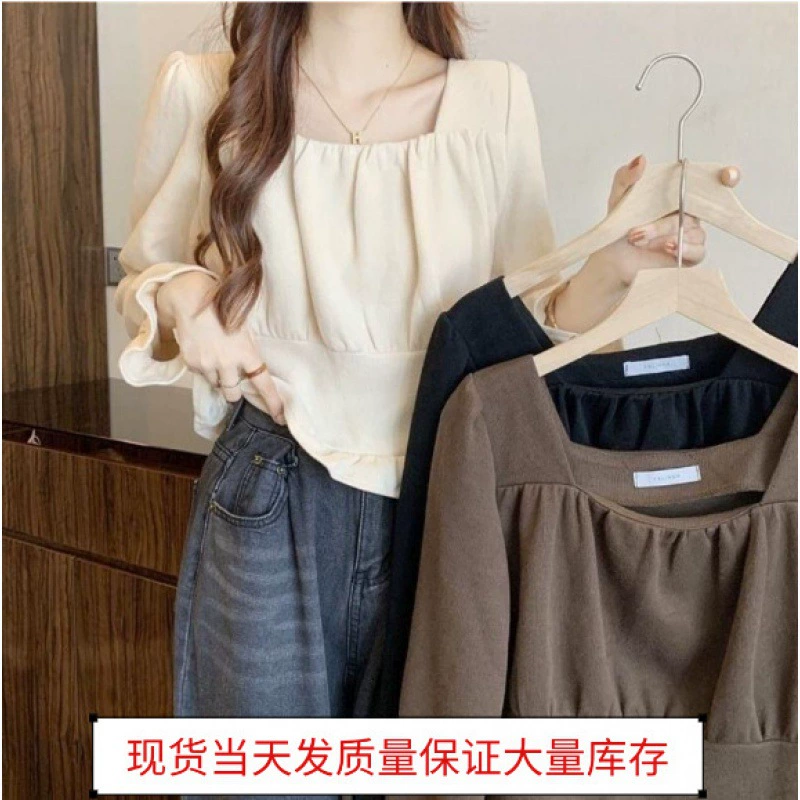 В наличии Модная рубашка с длинными рукавами женская нишевая осень 2022 элегантный короткий топ с квадратным воротником и французской ключицей