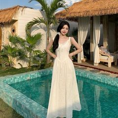 法式初恋小白色白色吊带裙长款吊带连衣裙夏季度假气收腰连衣裙