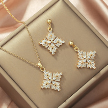 【钛钢链】欧美新款铜镶锆电镀18K真金圣诞菱形雪花吊坠项链 耳环