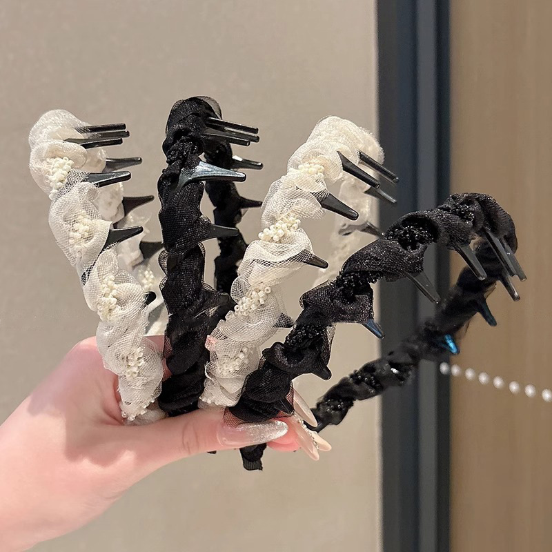 Diadema de diamantes de imitación de hilo de malla negra twist Diadema de temperamento superior de cráneo alto femenino con dientes, tarjeta de lujo ligera antideslizante, tocado facial