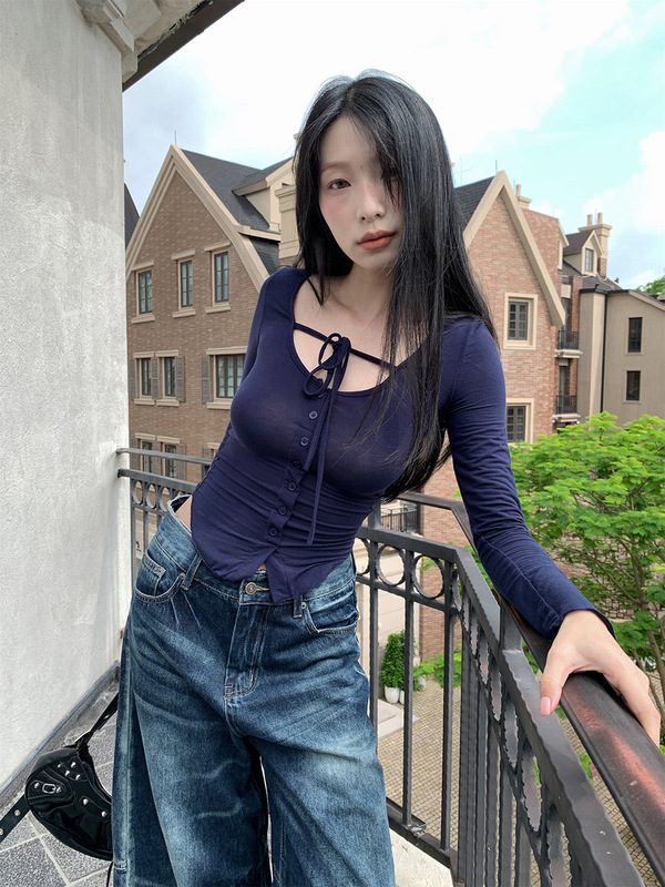 [9hour]美式纯欲风别致系带开衫女 2025秋季外搭长袖t恤女c250616|undefined
