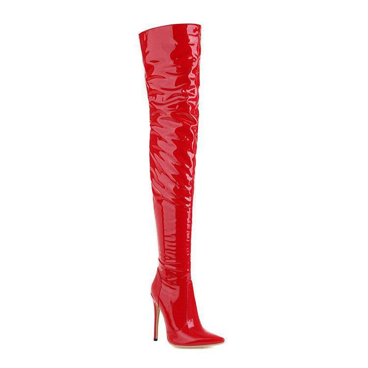 Over the knee boots Women's Red boots Shiny patent leather thigh-high boots Sexy Thigh boots pointy heels_voghion.com