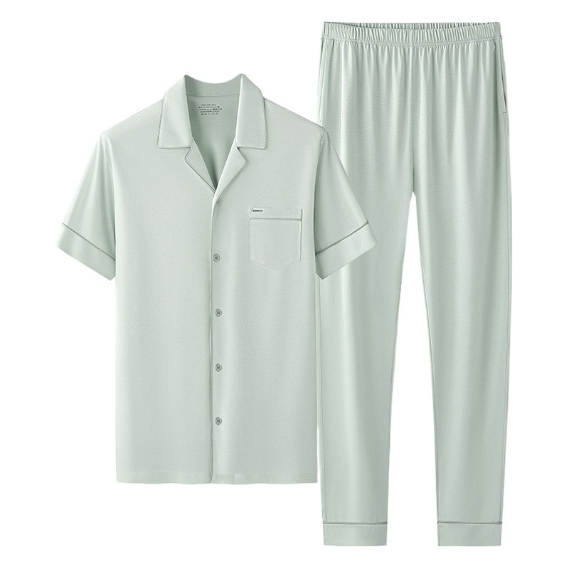 Conjunto de pijamas de hombre de primavera y verano de algodón ligero de seda, transpirable, casual, con solapa delgada, puede salir, cárdigan, ropa de casa lista para la venta.
