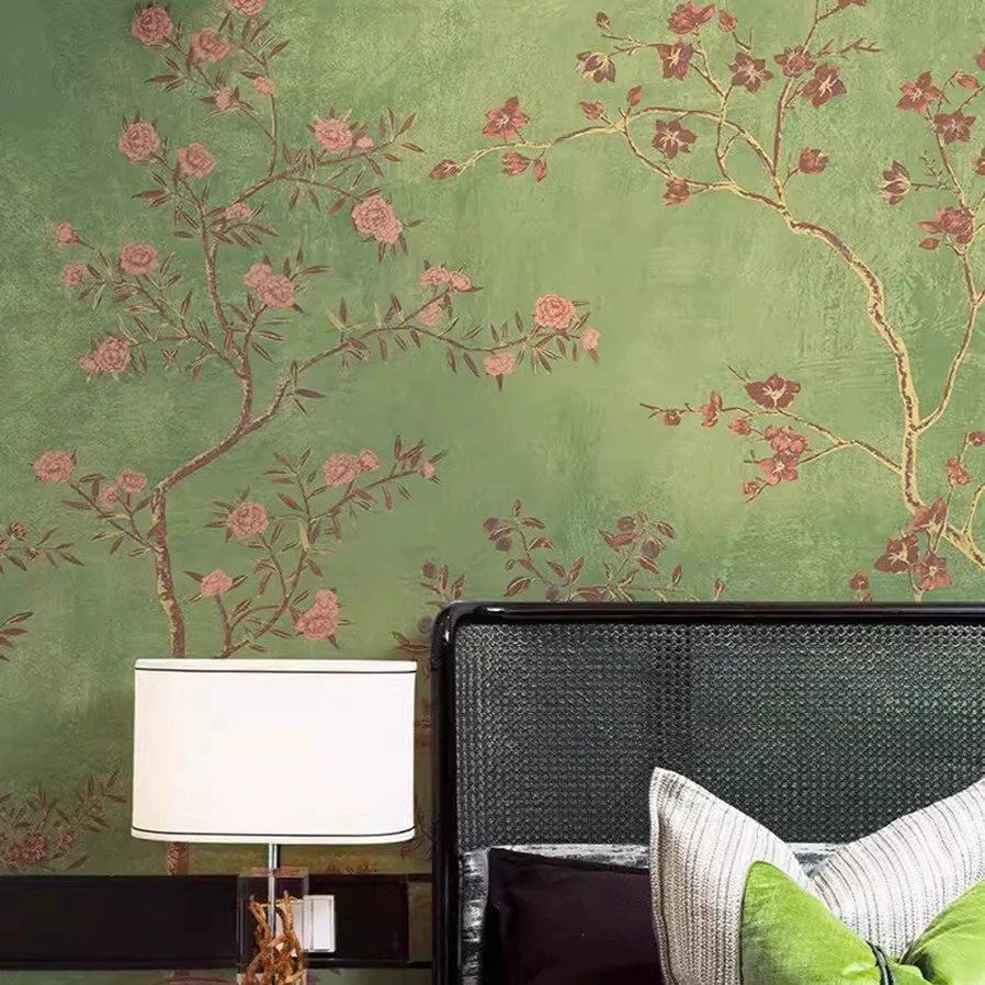 Wall mural wallpaper, green Chinese‑style flowers and birds, seamless TV background, multiple materials