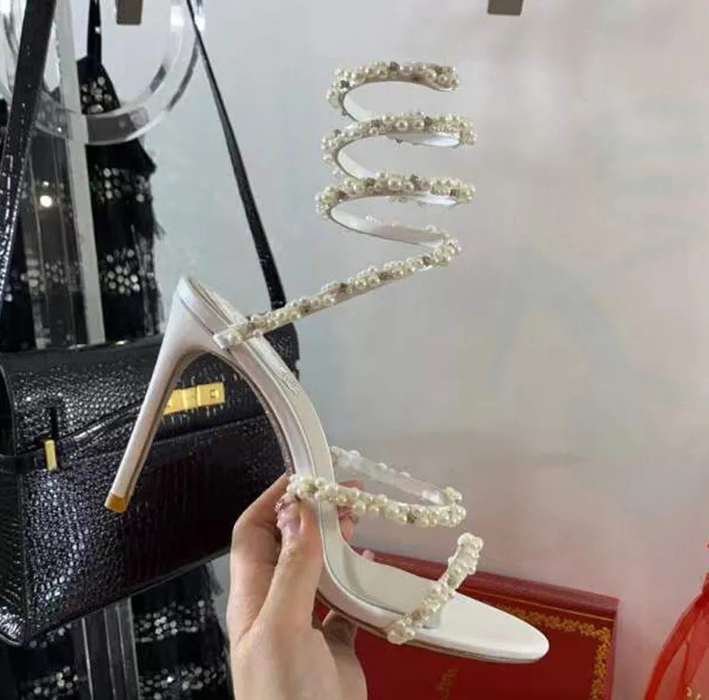 现货欧美外贸大码RC甜美水晶吊坠高跟凉鞋时尚水钻缠绕露趾细跟|undefined