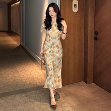 国风款夏季复古花卉真丝连衣裙优雅气质鱼尾裙女