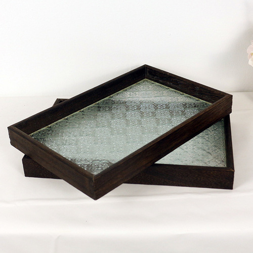 Solid wood rectangular small tea tray, water cup storage, fruit tray, dessert tray, retro-style begonia flower glass tray