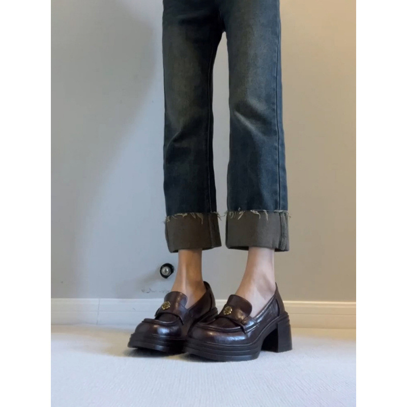 Cowhide~High-Heeled Genuine Leather Loafers for Women, Retro Camellia Round-Toe Thick-Soled Slip-On Lazy British Small Leather Shoes