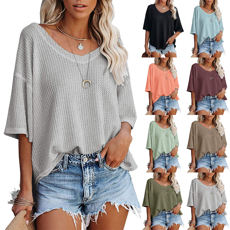 2024 Amazon Summer New V Neck Bat Sleeve Waffle Knitted Loose Solid Color Short Sleeve T-Shirt Top Women's Clothing