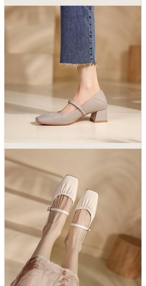 Giày Mary Jane nữ mũi vuông gót thô 3–6 cm da mềm quai ngang — Màu Kaki, Màu bạc, Màu trắng be, Màu xám nhạt chi tiết 14