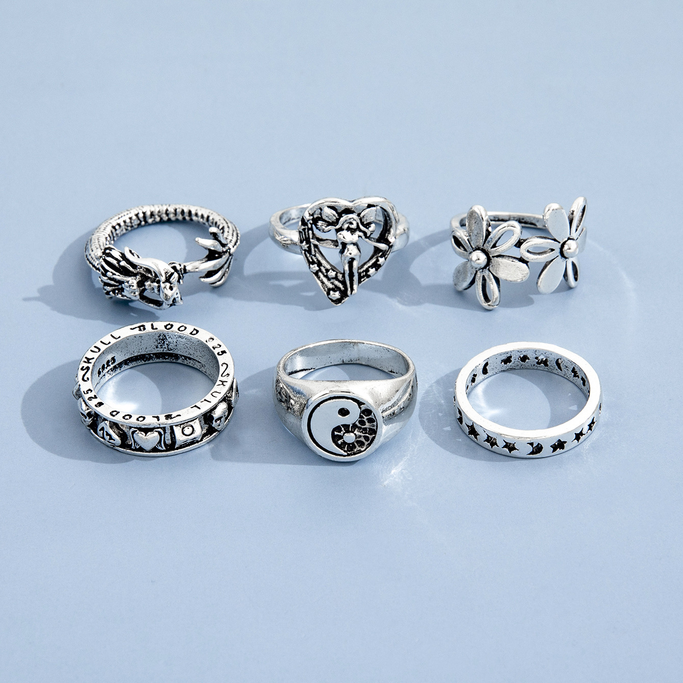 Personality Retro Butterfly Elf Star Moon Flower Taichi Ring Six-piece Set display picture 3