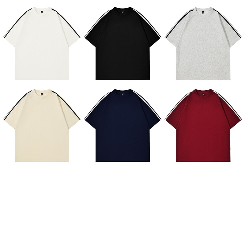 Foreign Trade Cross-Border Wholesale 2026 Summer 32-Count 240g 100% Cotton Trendy Brand Double Yarn Full Stripe Drop Shoulder Short Sleeve T-Shirt