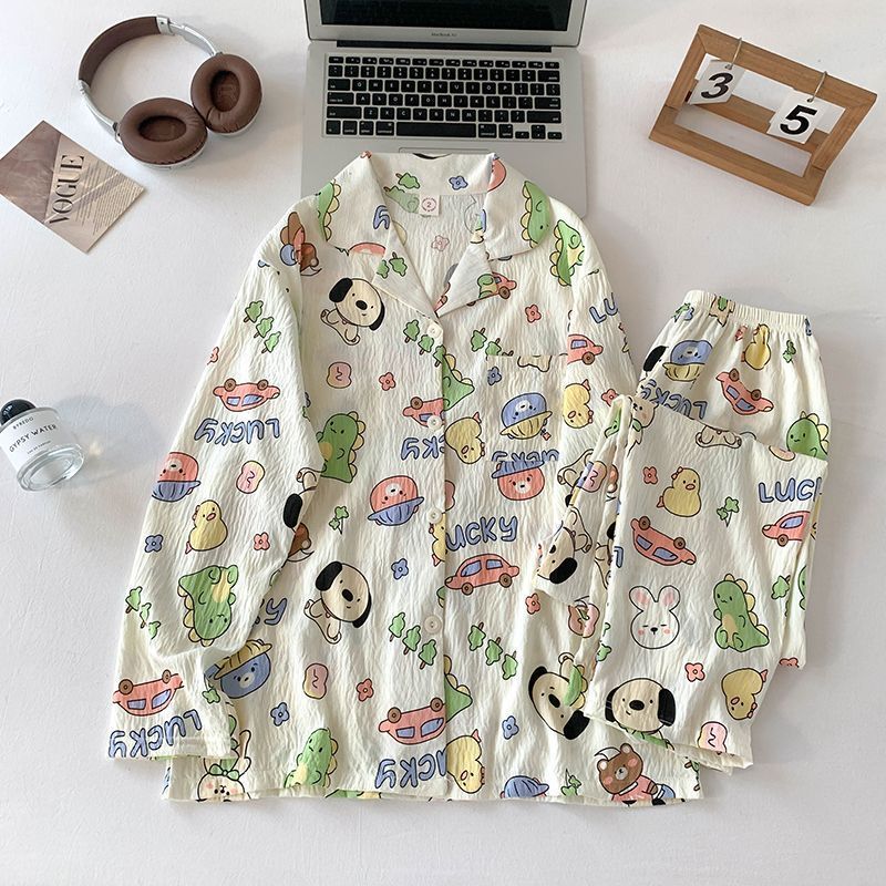Al por mayor transfronterizo otoño nuevo pijama de manga larga nube de algodón de dibujos animados ropa doméstica de mujer se puede usar con un lindo conjunto de solapa