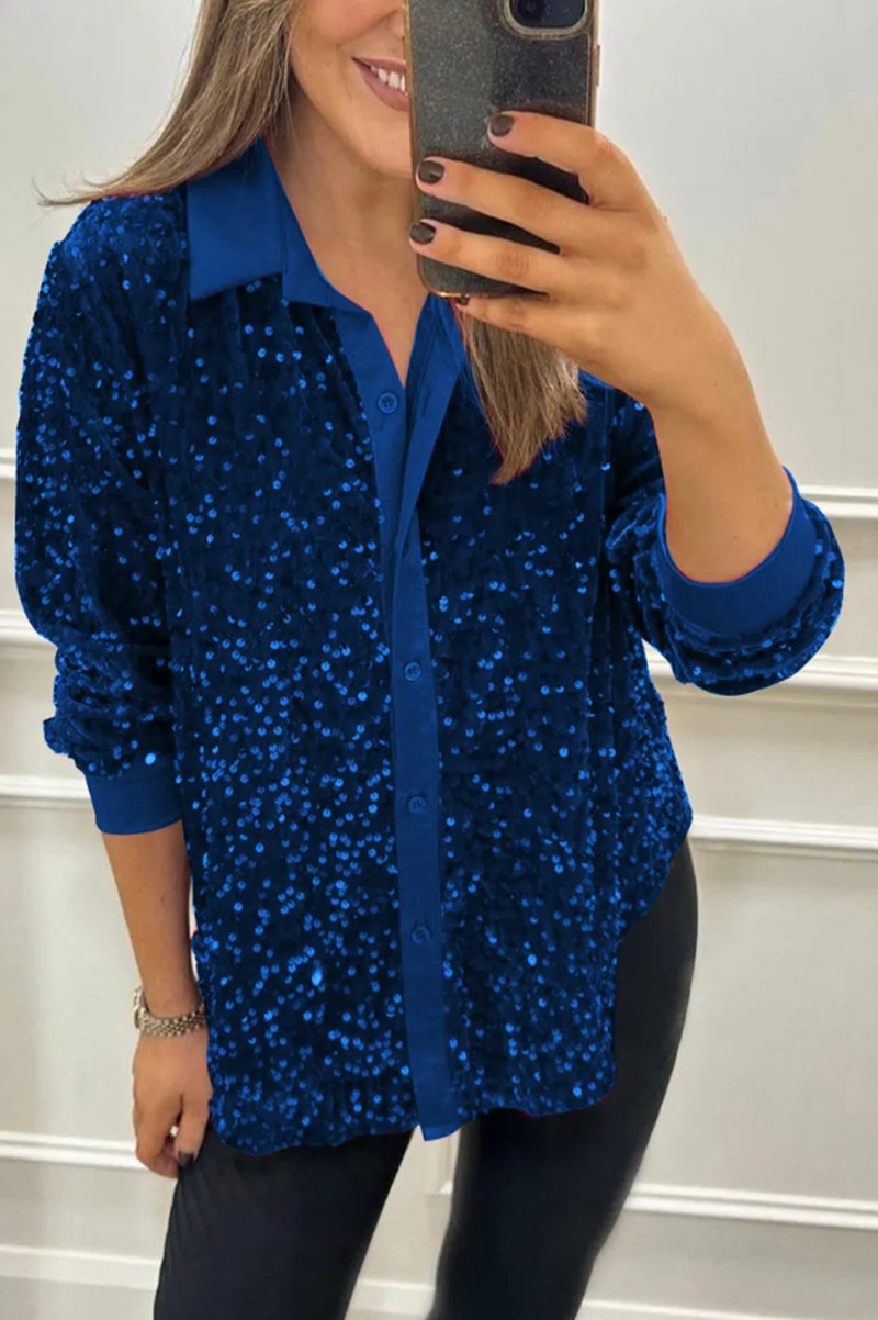 Women's Glitter Sequin Button-up Shirt Elegant Trendy Blouse_voghion.com