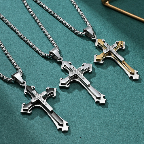 New European and American style three-layer flower-shaped combination stone cross pendant fashion retro men's trendy titanium steel necklace