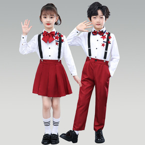 Toddlers kids wine color British style stage performance choir chorus performance school uniforms strap pants cheerleaders carnival party formal suit for boys girls