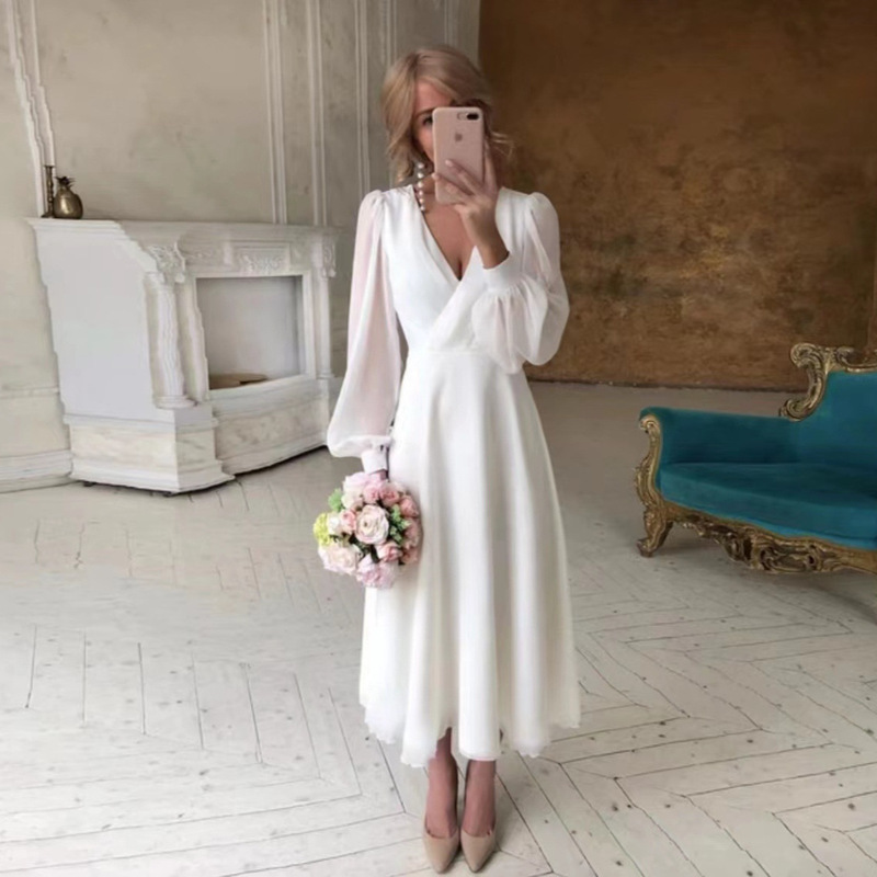Amazon Cross-Border Bridal Light Wedding Dress 2026 New Style Long-Sleeve Evening Gown Simple Registration and Marriage Registration White Dress Amazon Cross-Border Bridal Light Wedding Dress 2026 New Style Long-Sleeve Evening Gown Simple Registration and Marriage Registration White Dress